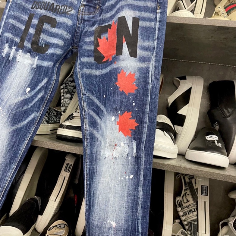 Quần jean bò nam Dsq2 biker slimfit xanh mài nhăn 3D in sơn chữ ICON 3 lá phong đỏ đùi boy phố QJ329P