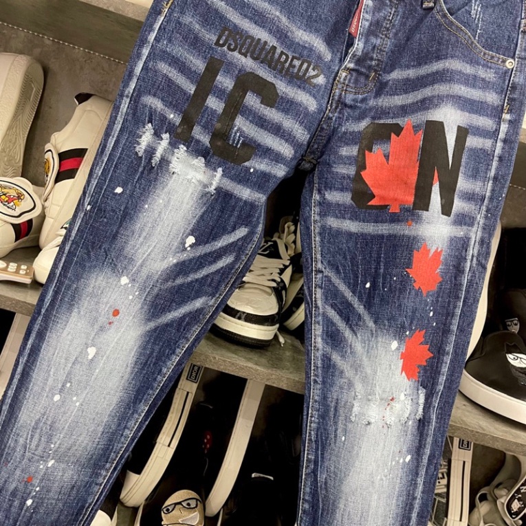Quần jean bò nam Dsq2 biker slimfit xanh mài nhăn 3D in sơn chữ ICON 3 lá phong đỏ đùi boy phố QJ329P