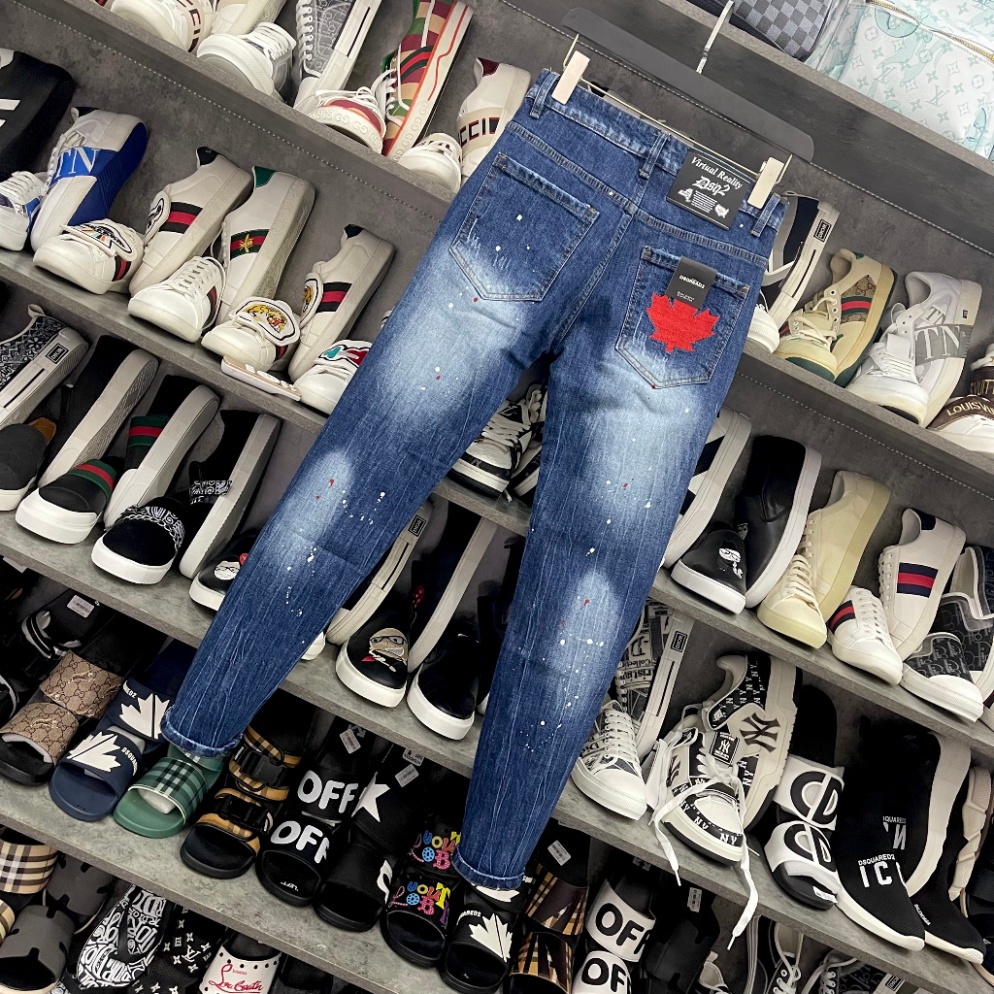 Quần jean bò nam Dsq2 biker slimfit xanh mài nhăn 3D in sơn chữ ICON 3 lá phong đỏ đùi boy phố QJ329P
