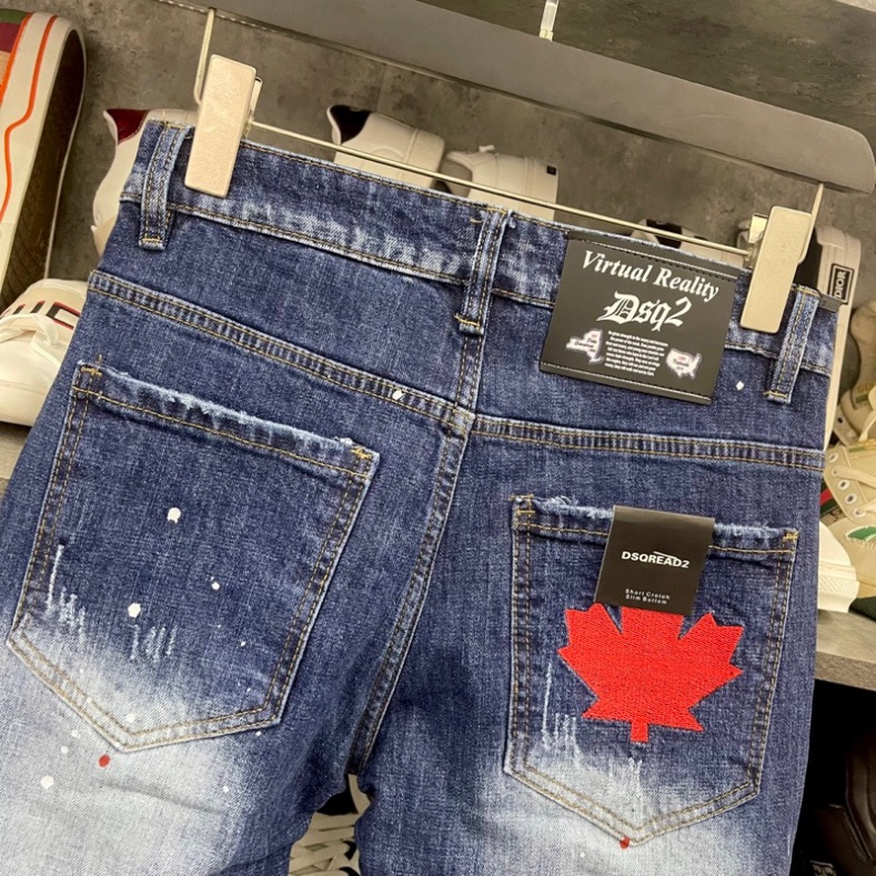 Quần jean bò nam Dsq2 biker slimfit xanh mài nhăn 3D in sơn chữ ICON 3 lá phong đỏ đùi boy phố QJ329P