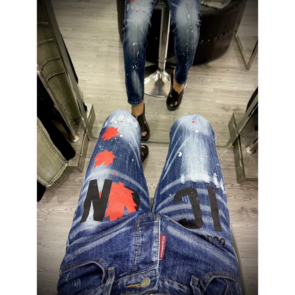 Quần jean bò nam Dsq2 biker slimfit xanh mài nhăn 3D in sơn chữ ICON 3 lá phong đỏ đùi boy phố QJ329P