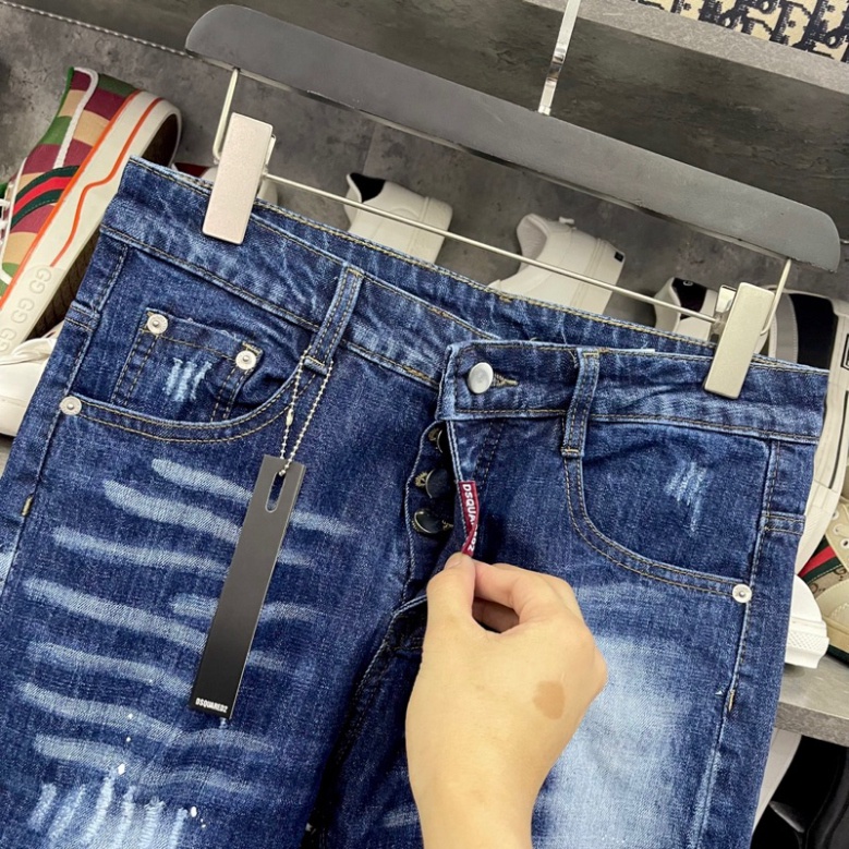 Quần jean bò nam Dsq2 biker slimfit xanh wash bạc trơn kẻ nhăn 3D thêu hình lá phong túi sau 4 cúc QJ312P