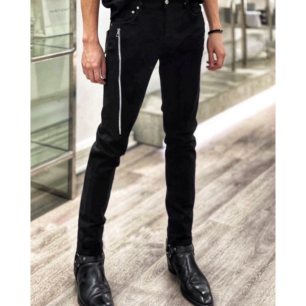 Quần jean bò Nam slimfit đen trơn thêu khoá zip chéo dọc đùi đơn giản basic phong cách đường phố QJ10P