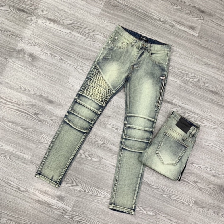 Quần Jean Xanh Nam Phối Nhăn Khoá Đùi Bất Đối Xứng Siêu Sang QJ18P