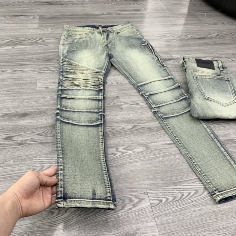 Quần Jean Xanh Nam Phối Nhăn Khoá Đùi Bất Đối Xứng Siêu Sang QJ18P