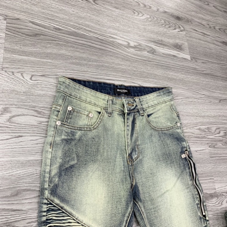 Quần Jean Xanh Nam Phối Nhăn Khoá Đùi Bất Đối Xứng Siêu Sang QJ18P