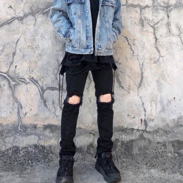 Quần Bò Đen Nam Trơn Phối Thêu Khoá Zip Ống