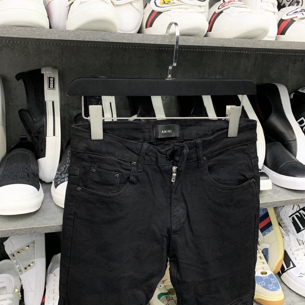 Quần jean bò nam slimfit Amiri đen gối rách xước vá vải nhăn phối khoá zip ống chân phong cách streetwear QJ17P