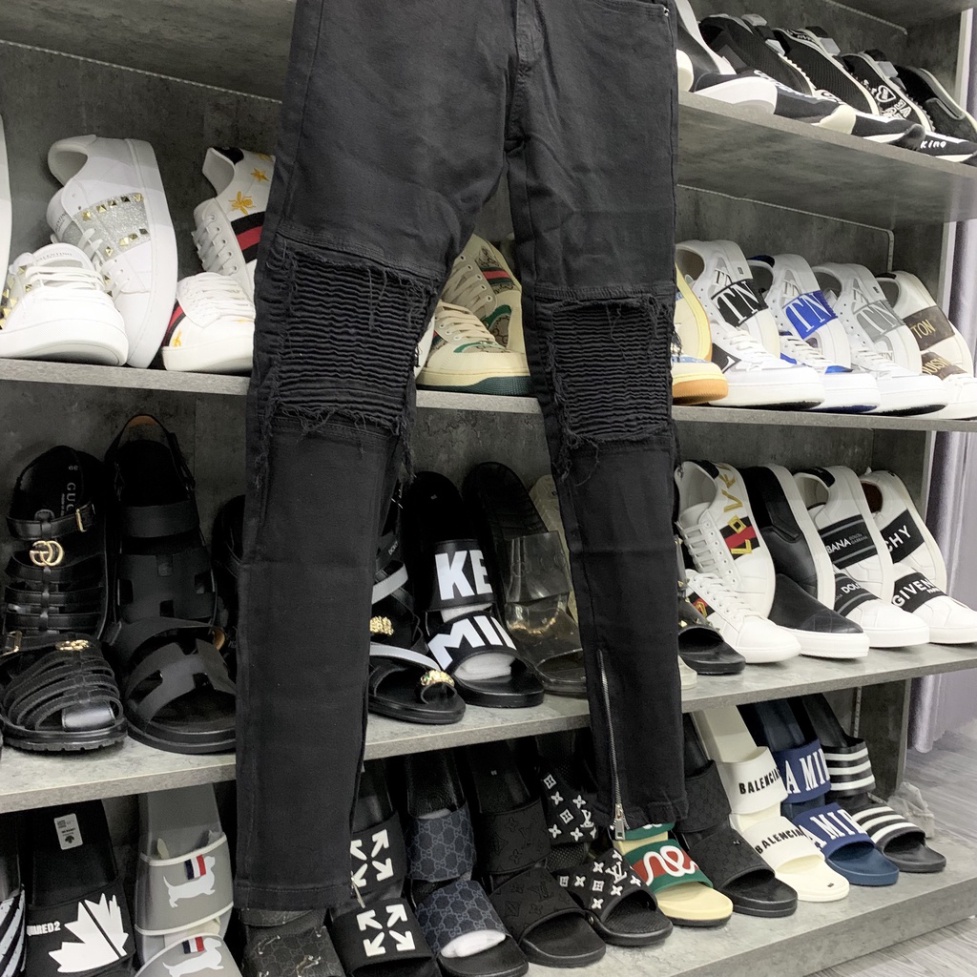 Quần jean bò nam slimfit Amiri đen gối rách xước vá vải nhăn phối khoá zip ống chân phong cách streetwear QJ17P