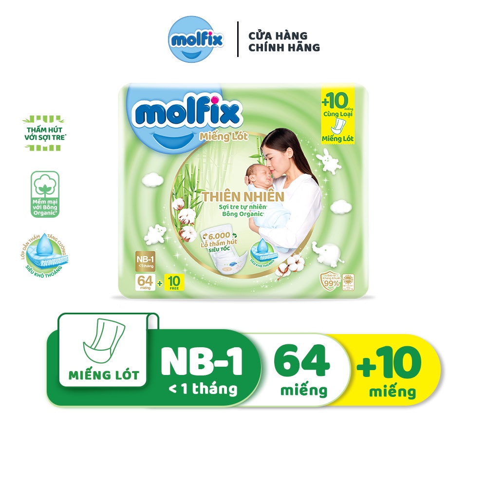 Miếng lót sơ sinh Molfix Thiên nhiên Jumbo Newborn 1 (dưới 1 tháng tuổi) Gói 64+10M