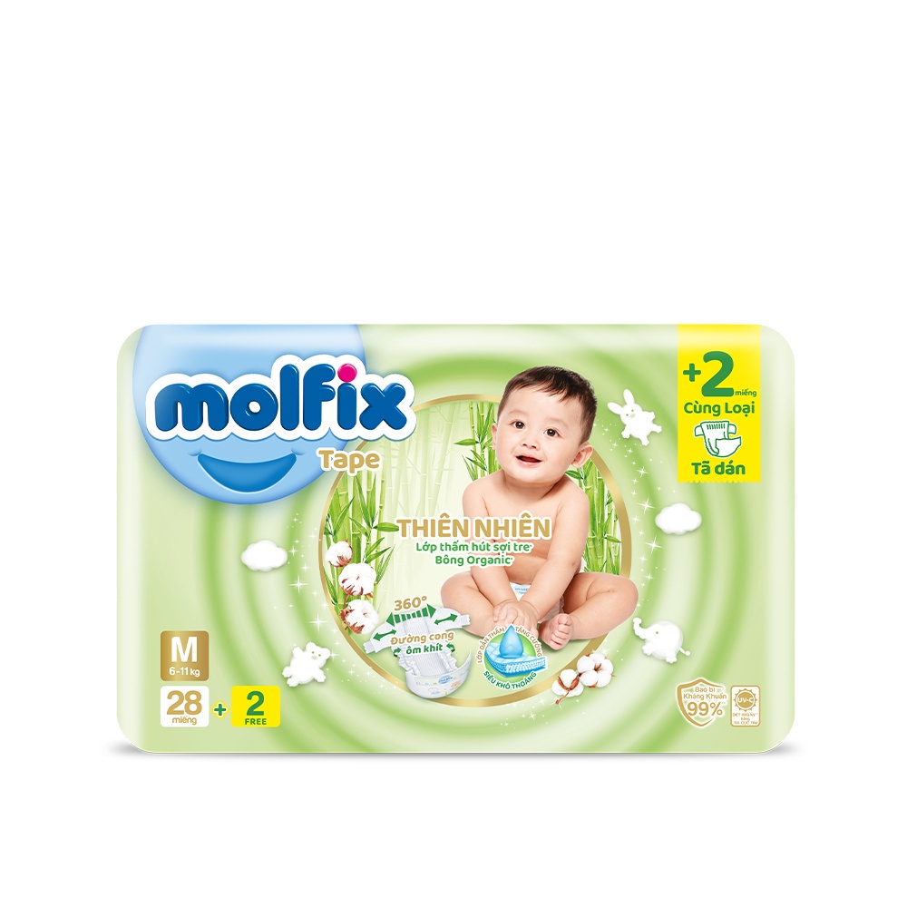 Tã/bỉm dán Molfix Thiên nhiên Regular M (6kg - 11kg) - Gói 28+2 miếng