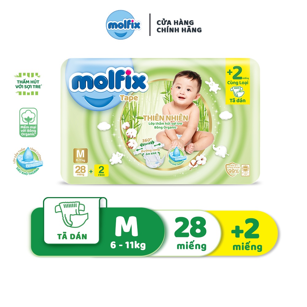 Tã/bỉm dán Molfix Thiên nhiên Regular M  - Gói 28+2 miếng