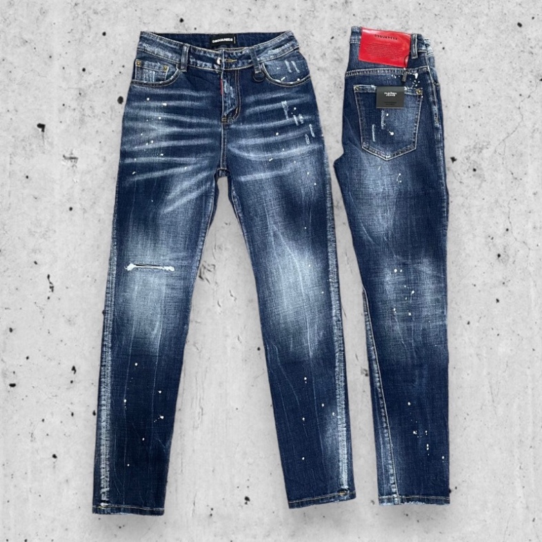 Quần jean bò nam Dsq2 biker slimfit xanh mài bạc rách 1 bên gối dập nhăn 3D vảy sơn 4 cúc chữ QJ296P