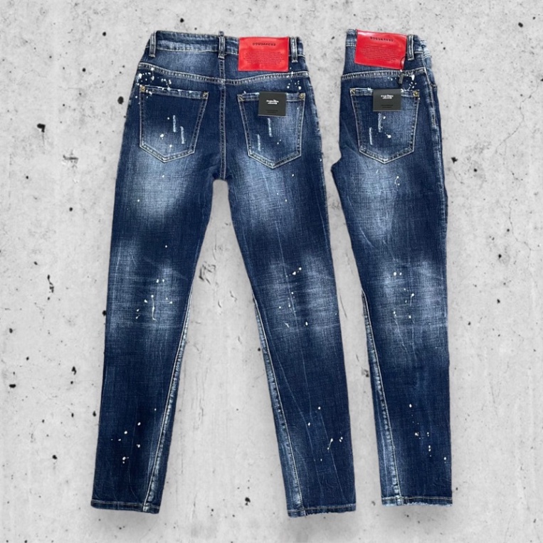 Quần jean bò nam Dsq2 biker slimfit xanh mài bạc rách 1 bên gối dập nhăn 3D vảy sơn 4 cúc chữ QJ296P