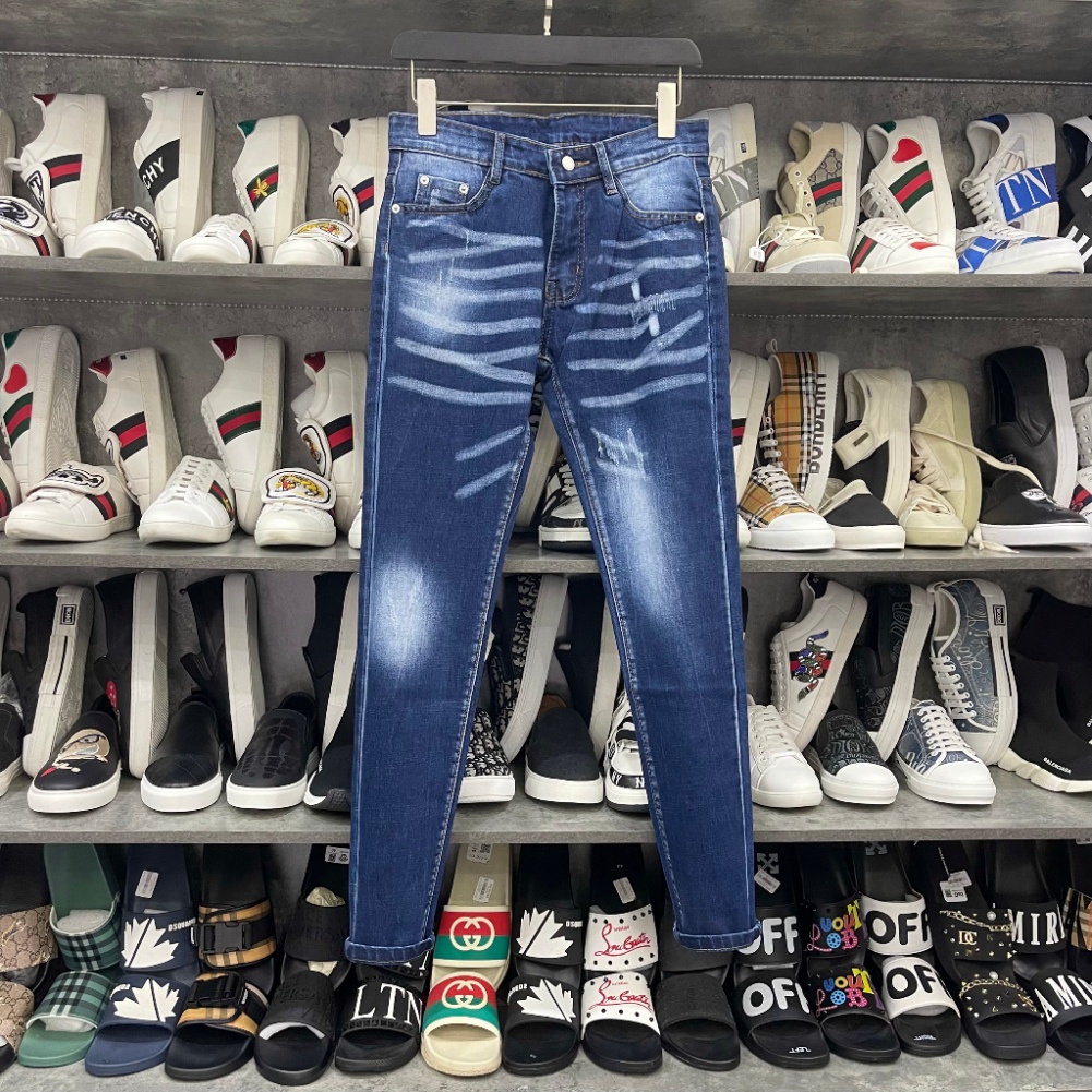 Quần jean bò nam Dsq2 slimfit xanh wash kẻ bạc trơn dập nổi chữ ICON đen sau đùi đơn giản basic QJ302P