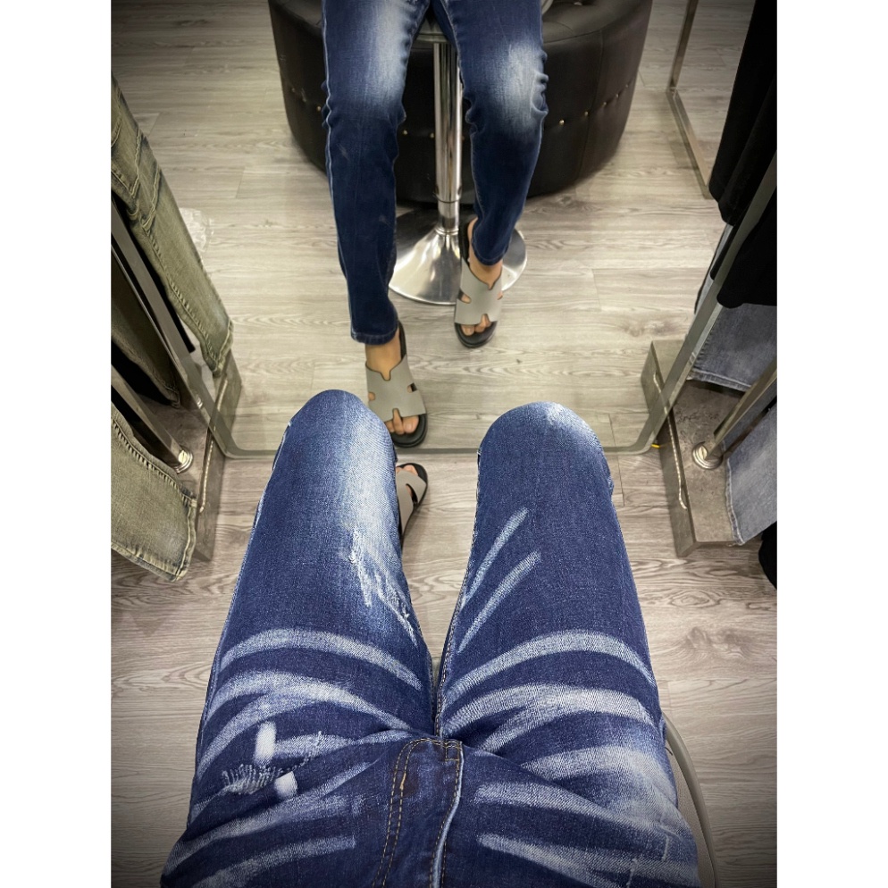 Quần jean bò nam Dsq2 slimfit xanh wash kẻ bạc trơn dập nổi chữ ICON đen sau đùi đơn giản basic QJ302P