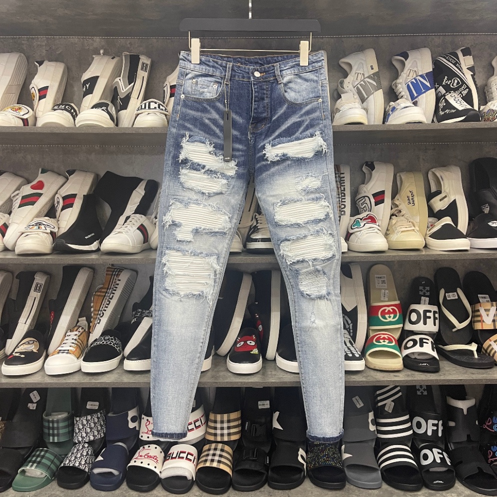Quần jean bò nam Amiri slimfit xanh bạc rách tua vá da nhăn trắng dọc đùi gối 4 cúc chữ cao cấp QJ262P