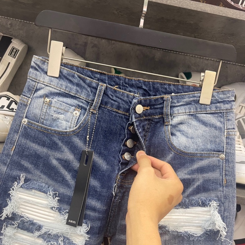 Quần jean bò nam Amiri slimfit xanh bạc rách tua vá da nhăn trắng dọc đùi gối 4 cúc chữ cao cấp QJ262P