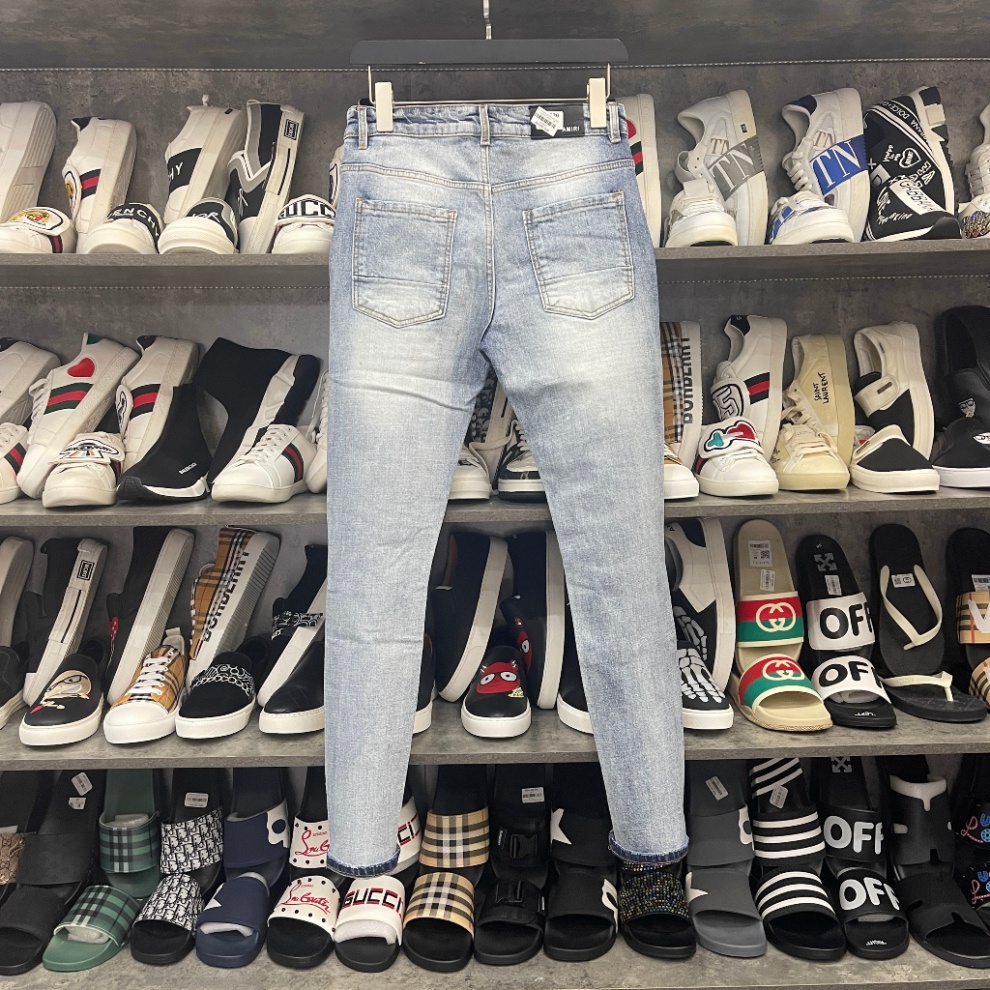 Quần jean bò nam Amiri slimfit xanh bạc rách tua vá da nhăn trắng dọc đùi gối 4 cúc chữ cao cấp QJ262P