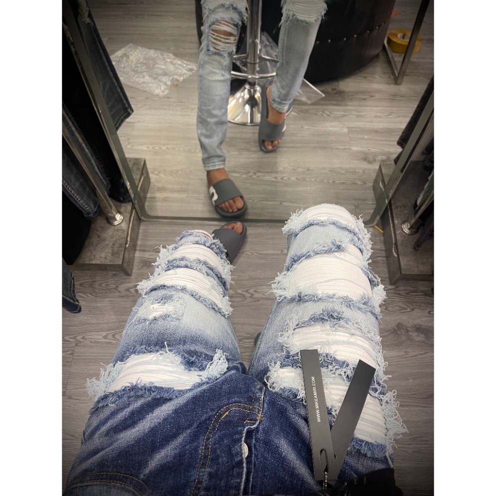 Quần jean bò nam Amiri slimfit xanh bạc rách tua vá da nhăn trắng dọc đùi gối 4 cúc chữ cao cấp QJ262P