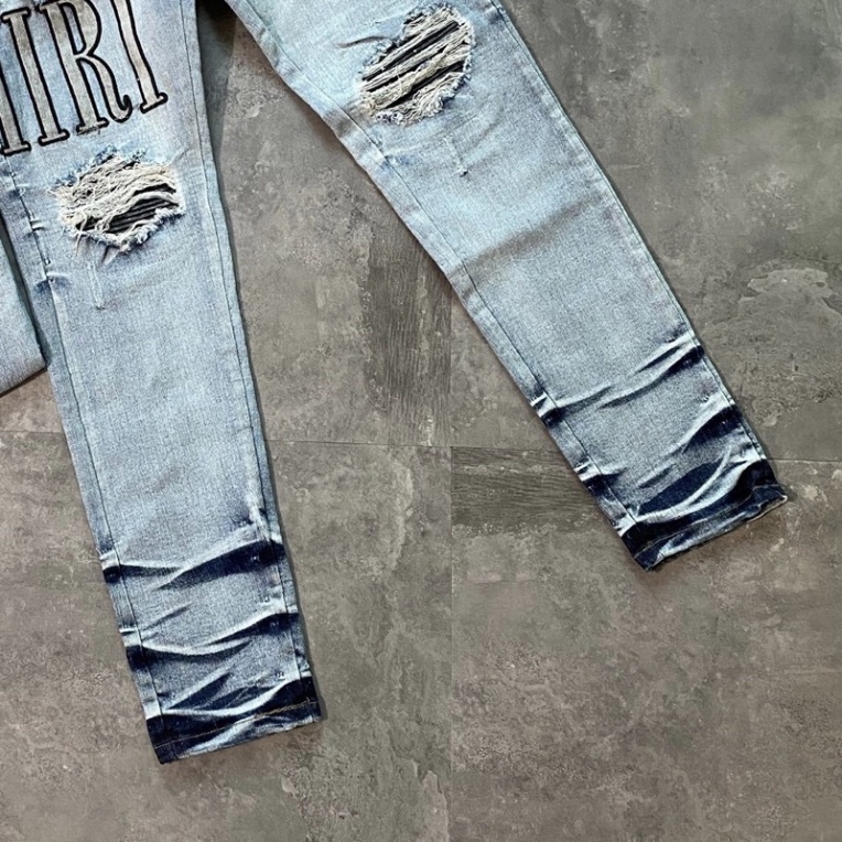 Quần jean bò nam Amiri slimfit xanh khói vá da nhăn đen rách đùi gối dệt chữ ống xếp sóng cháy phố QJ101P