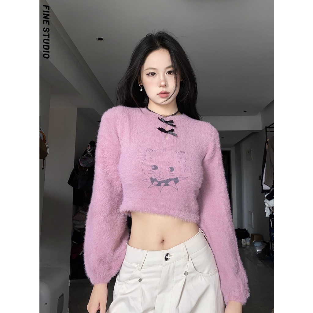 Fine studio Áo sweater Dệt Kim Chui Đầu Hình Mèo Mùa Thu Ngọt Ngào Cho Nữ