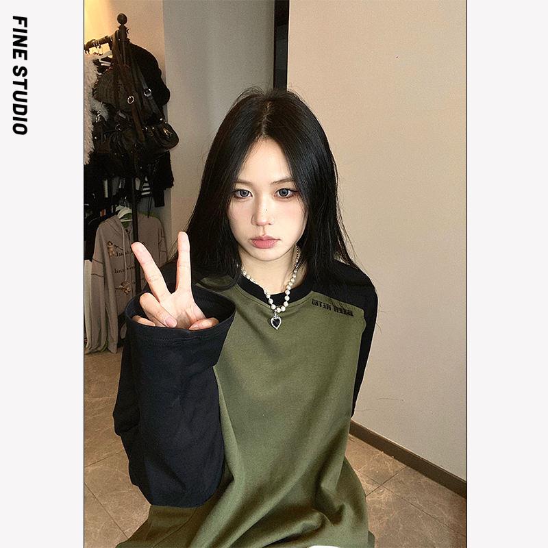 Fine studio Áo Thun raglan Cổ Tròn Tay Dài Dáng Rộng Màu Tương Phản Thời Trang Mùa Thu 2023 Phong Cách Mới Cho Nam Và Nữ