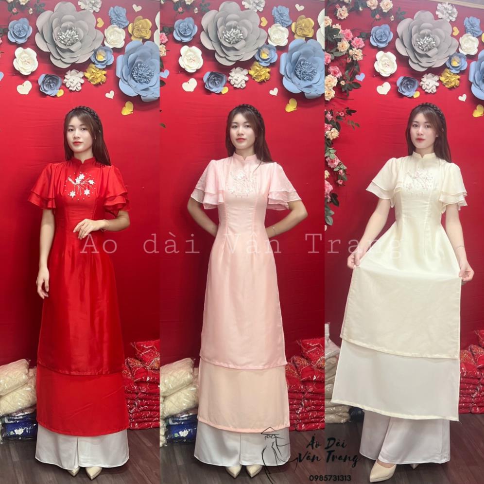 Áo dài cách tân tay bèo cánh tiên 4 tà vải von tơ mềm đính hoa mộc miên, áo dài nữ trẻ trung hàng may sẵn VT02 Traz
