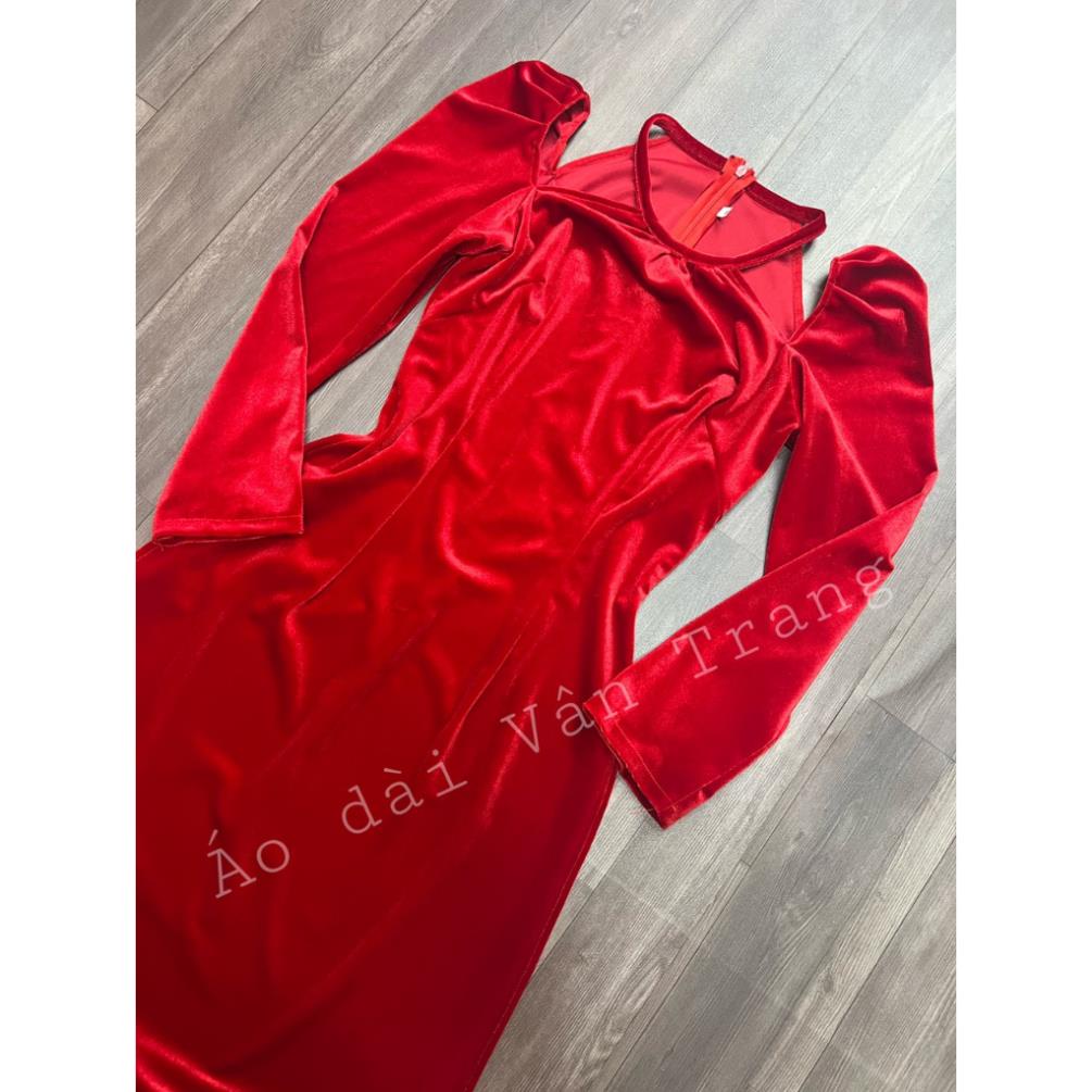 Áo dài nhung cổ yếm xẻ cách tân, áo dài nữ phù hợp lễ Tết, tay bồng nhẹ nhàng hàng may sẵn VT12 Traz