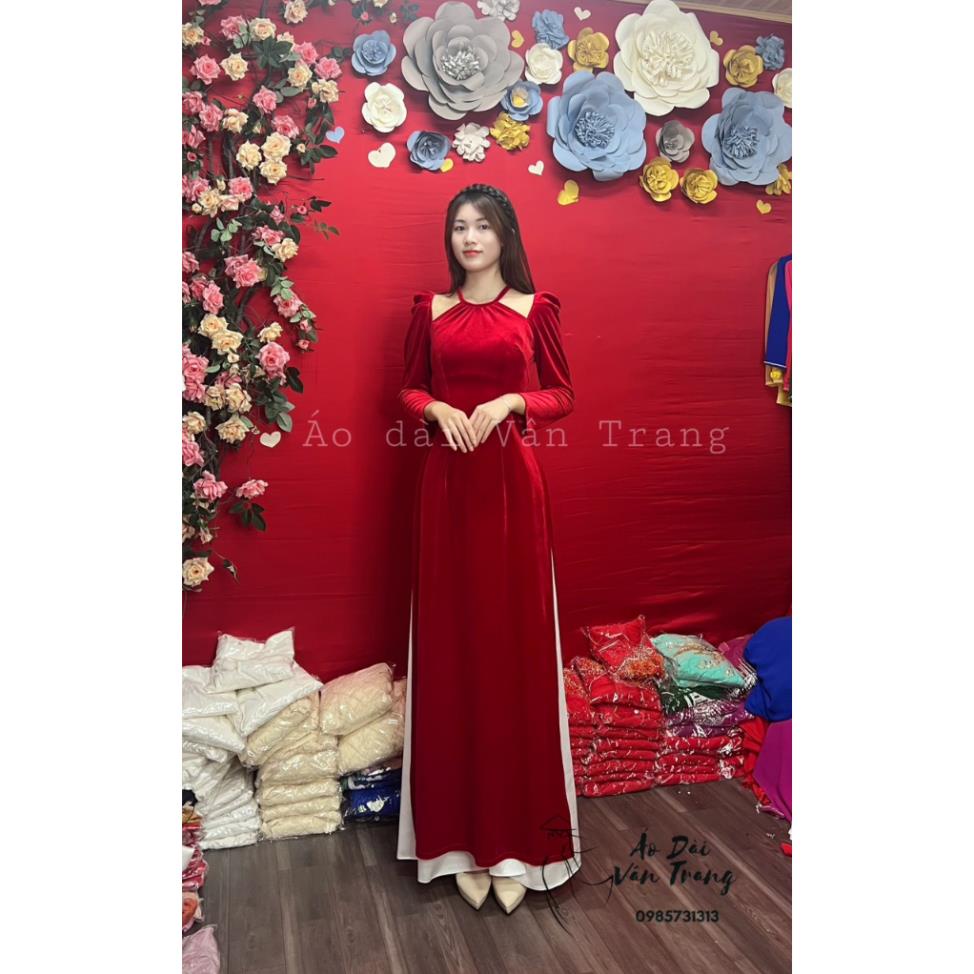 Áo dài nhung cổ yếm xẻ cách tân, áo dài nữ phù hợp lễ Tết, tay bồng nhẹ nhàng hàng may sẵn VT12 Traz
