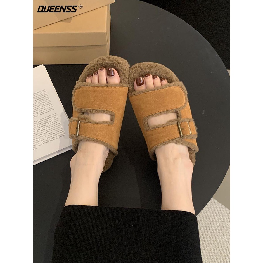 Birkenstock Dép Bít Mũi Phối Lông Xù Đế Dày Thời Trang Thu Đông 2023 Dành Cho Nữ