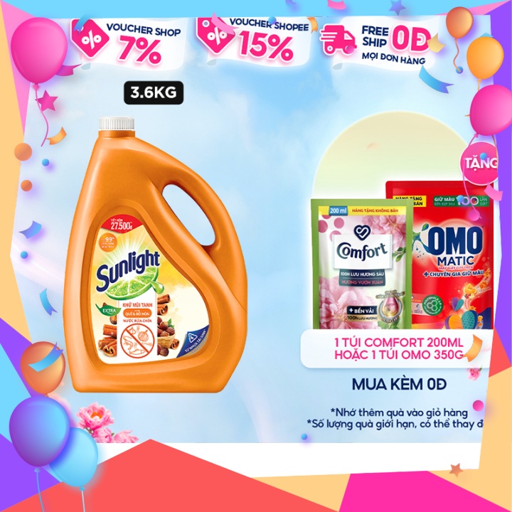 Nước Rửa Chén SUNLIGHT EXTRA Khử Mùi Tanh Hương Quế Và Bồ Hòn Chai 3.6 Kg