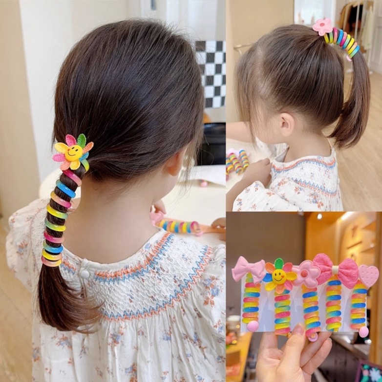 Chun cột tóc dạng lò xo xoắn tạo kiểu màu cầu vồng có đính hoa,Nơ dễ thương cho bé🍀FREESHIP🍀Dây buộc tóc lò xo cho bé