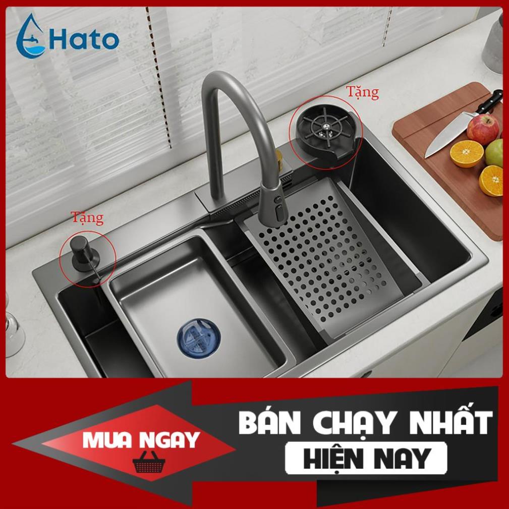 Chậu Rửa Bát 1 Hố HATO Inox 304 Có Vòi Rút Thác Nước, Bồn Rửa Chén 1 Ngăn Lớn Gồm Thớt, Nước Ngang, Khay Rửa, Xiphong