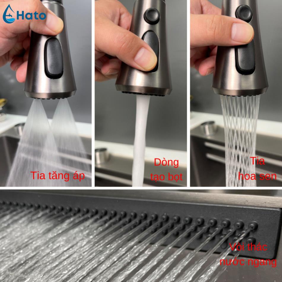 Chậu Rửa Bát 1 Hố HATO Inox 304 Có Vòi Rút Thác Nước, Bồn Rửa Chén 1 Ngăn Lớn Gồm Thớt, Nước Ngang, Khay Rửa, Xiphong