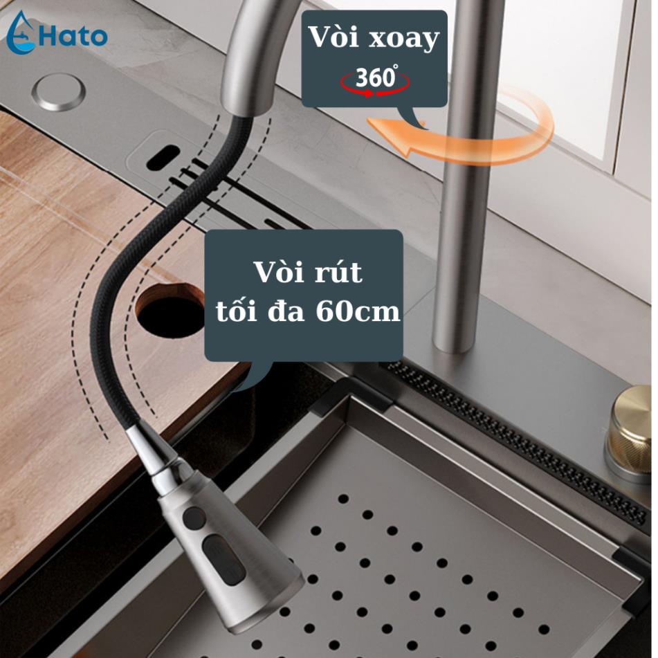 Chậu Rửa Bát 1 Hố HATO Inox 304 Có Vòi Rút Thác Nước, Bồn Rửa Chén 1 Ngăn Lớn Gồm Thớt, Nước Ngang, Khay Rửa, Xiphong