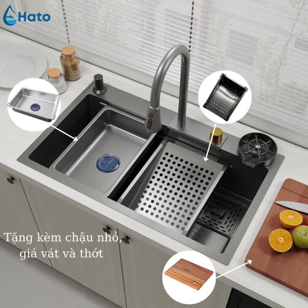 Chậu Rửa Bát 1 Hố HATO Inox 304 Có Vòi Rút Thác Nước, Bồn Rửa Chén 1 Ngăn Lớn Gồm Thớt, Nước Ngang, Khay Rửa, Xiphong