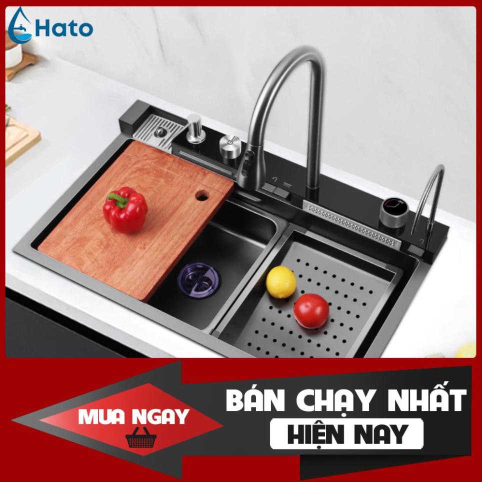 Chậu Rửa Bát 1 Hố Cao Cấp Hato Hiển Thị Nhiệt Độ, Bồn Rửa Chén 1 Ngăn Lớn Kèm Vòi Lọc Nước, Thác Nước, Vòi Xịt