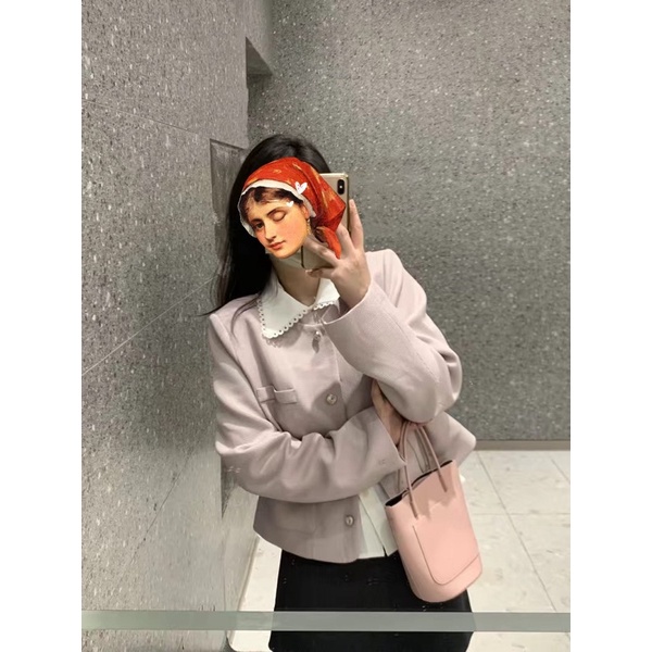 Áo Khoác Nữ Dạ Tweed Dài Tay Dáng Ngắn Tím Pastel Phong Cách Hàn Quốc