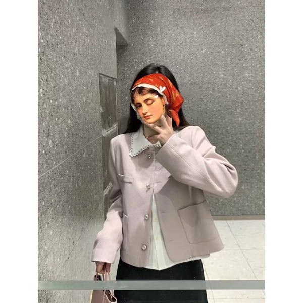 Áo Khoác Nữ Dạ Tweed Dài Tay Dáng Ngắn Tím Pastel Phong Cách Hàn Quốc