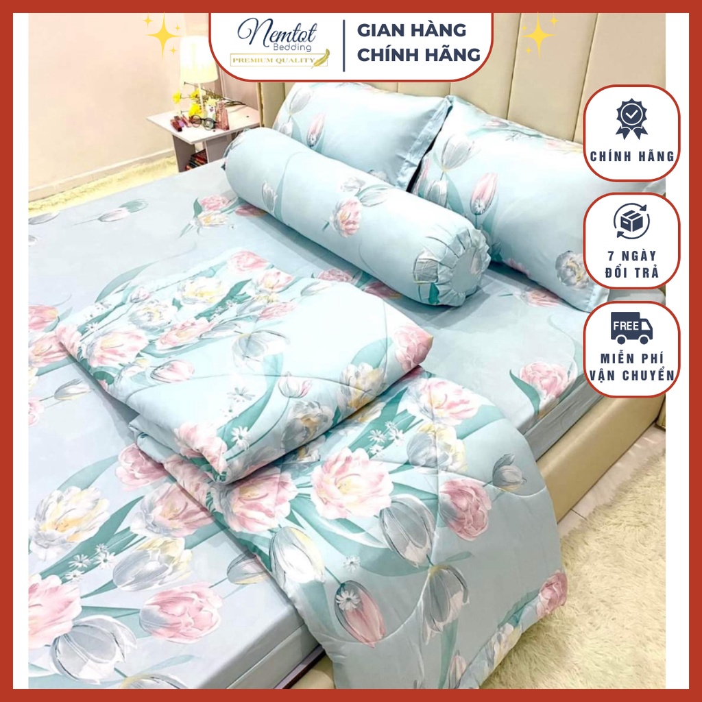 💥GIÁ SỐC💥Trọn bộ chăn ga lụa tencel than hoạt tính siêu cao cấp,Bộ 5 món gồm mền chần bông micro siêu đẹp, cực mát_HCM