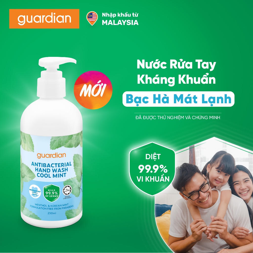 Nước Rửa Tay Sạch Khuẩn Guardian Antibacterial Handwash Cool Mint Bạc Hà Mát Lạnh 250ml