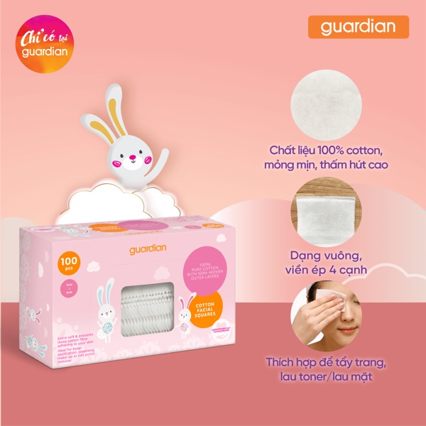 Bông Tẩy Trang Hộp Vuông Guardian Cotton Facial Squares 100 Miếng