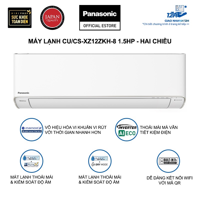 [TRẢ GÓP 0%] Máy lạnh/Điều hòa Panasonic CU/CS-XZ12ZKH-8 - Công suất 1.5HP-Hai chiều-Kết nối wifi