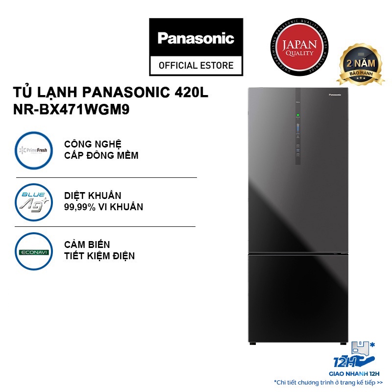 [Mã ELPN1500 Giảm 1TR5 Đơn 0Đ] Tủ lạnh Panasonic Ngăn đông mềm diệt khuẩn 420L NR-BX471WGM9 - Mặt gương - BH 2 năm