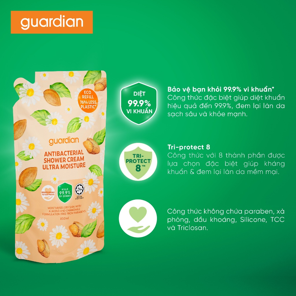 Túi Refill Sữa Tắm Dạng Kem Sạch Khuẩn Guardian Antibacterial Shower Cream Ultra Moisture Dưỡng Ẩm 850ml