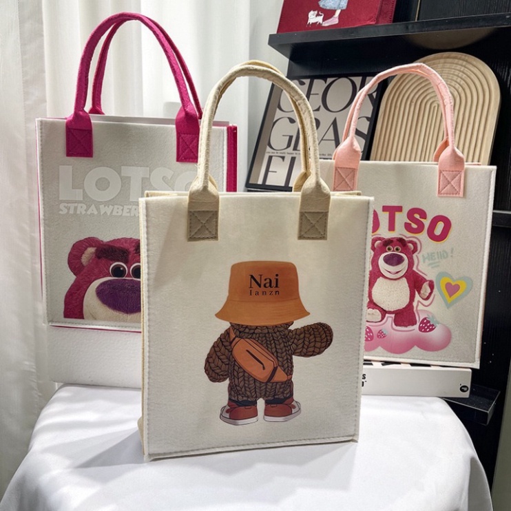 Túi Xách Tay Đựng Đồ In Họa Tiết Hoạt Hình Dễ Thương🍀FREESHIP🍀Set 3 Túi Tote Đeo Vai Vải Nỉ In Hoạt Hình Gấu kakaxi.st