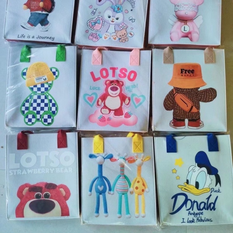 Túi Xách Tay Đựng Đồ In Họa Tiết Hoạt Hình Dễ Thương🍀FREESHIP🍀Set 3 Túi Tote Đeo Vai Vải Nỉ In Hoạt Hình Gấu kakaxi.st