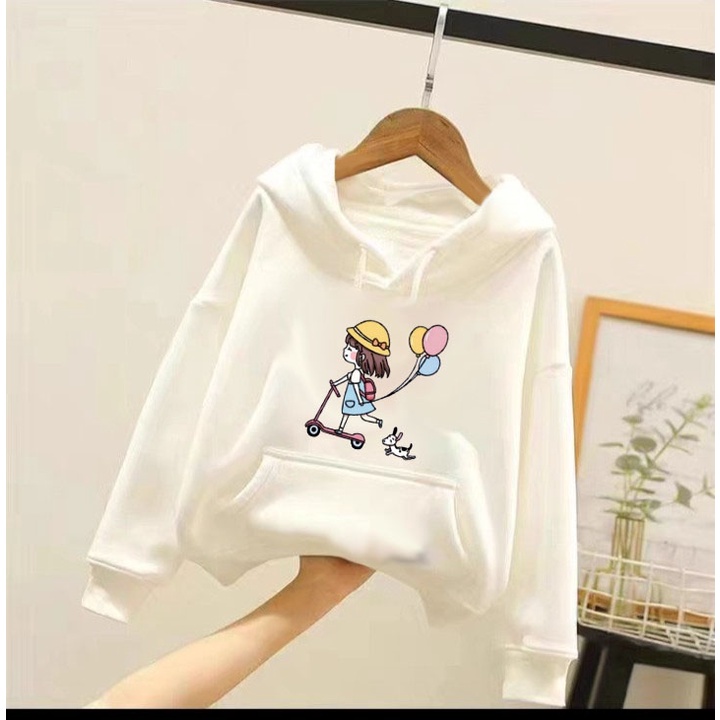 Áo hoodie cô gái bóng bay cho bé gái phom rộng chất nỉ size từ 9 đến 65kg