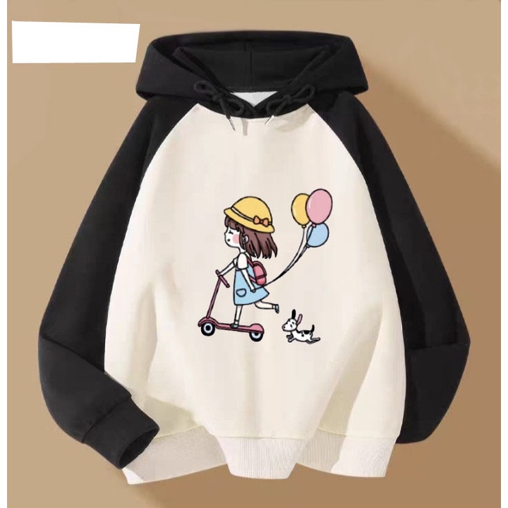 Áo hoodie cô gái bóng bay cho bé gái phom rộng chất nỉ size từ 9 đến 65kg